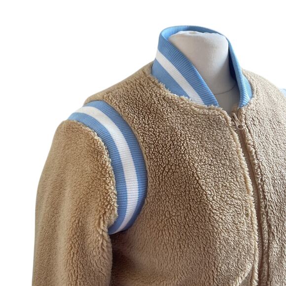 AMERICAN STITCH Bomber Jacket Womens Sz Small Tan Fleece Varsity Full Zip - Picture 2 of 8